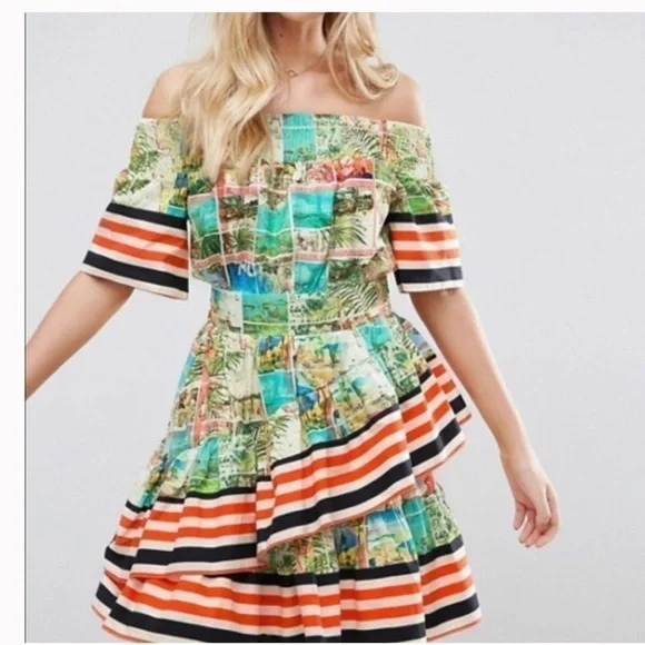 ASOS Off Shoulder Dress In Postcard And Stripe Print - Picture 9 of 16